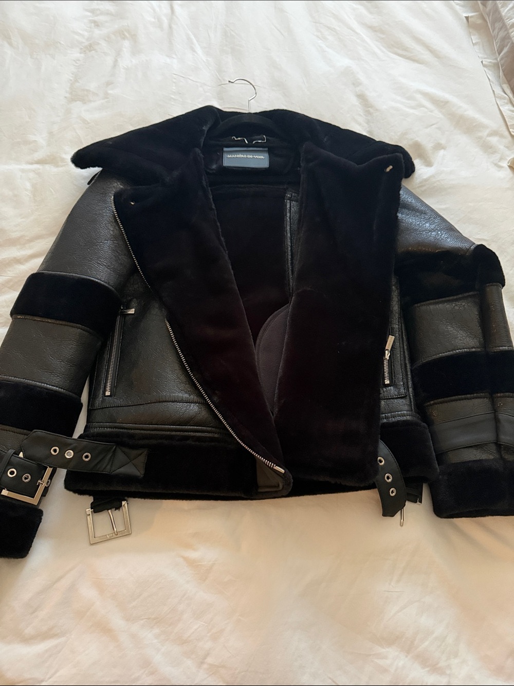Manière De Voir Black Shearling-Lined Leather Biker Jacket